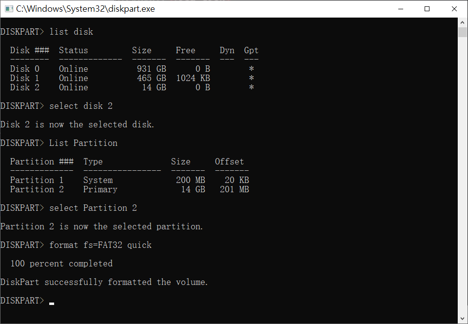 Diskpart はパーティションを fat32 としてフォーマットします