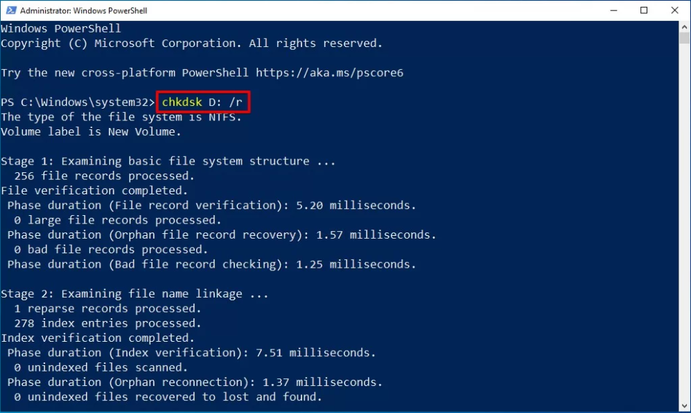 Windows PowerShell を開きます (システム管理者) chkdsk -r