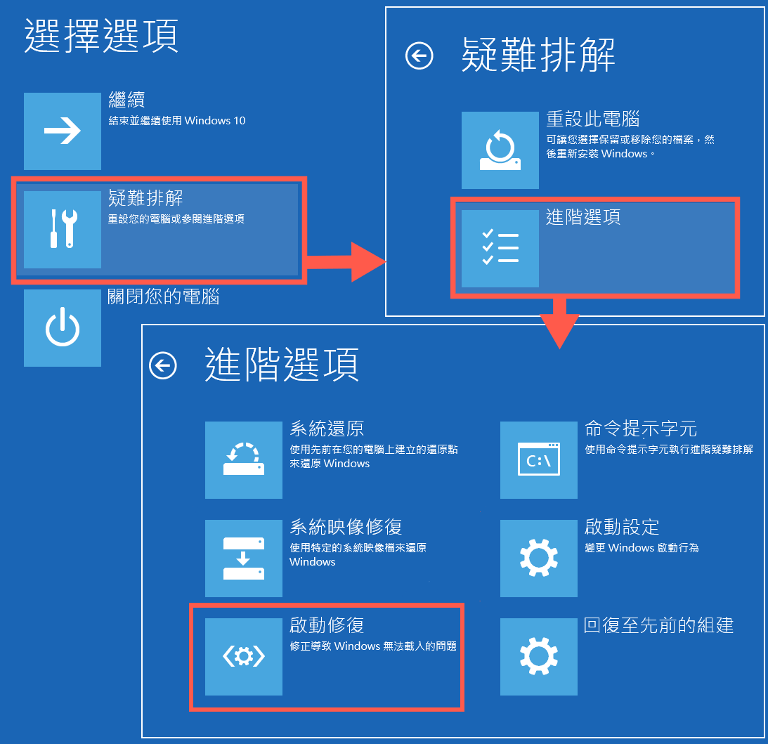 疑難排解-進階選項-啟動修復