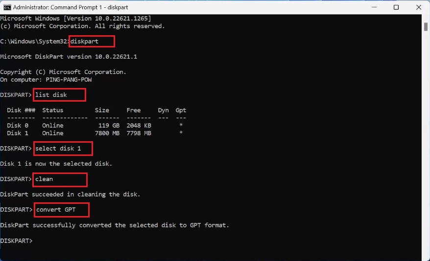 Dispart は mbr を gpt に変更します