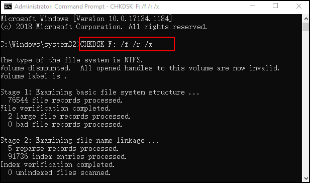 コマンドプロンプト文字 chkdsk F frx