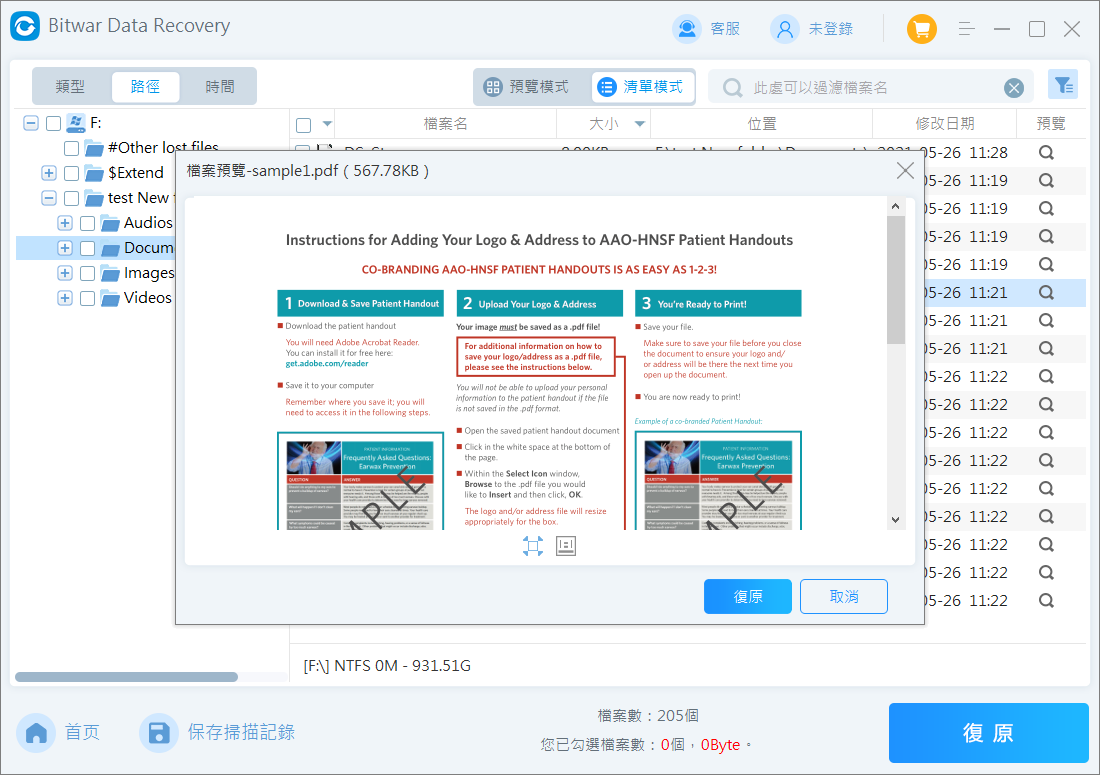 預覽並救援檔案