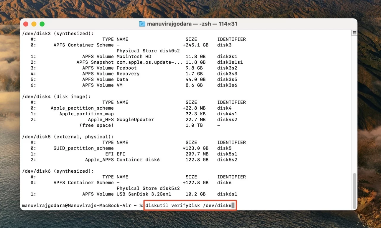 使用終端機在 Mac 上執行進階的磁碟機檢查2