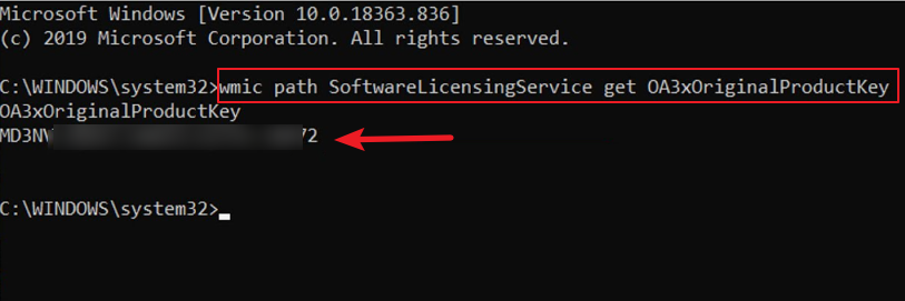 命令 wmic path SoftwareLicensingService get OA3xOriginalProductKey檢視產品密鑰