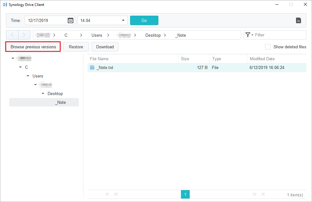 在 Synology Drive Client 下載或還原檔案的先前版本2-瀏覽先前的版本-還原