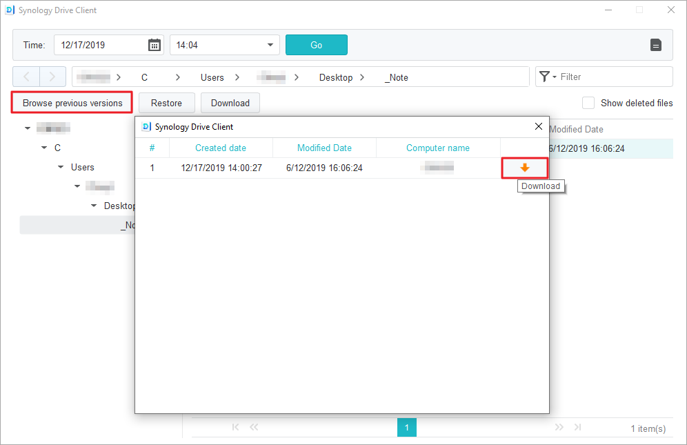 在 Synology Drive Client 下載或還原檔案的先前版本3-瀏覽先前的版本-還原-下載